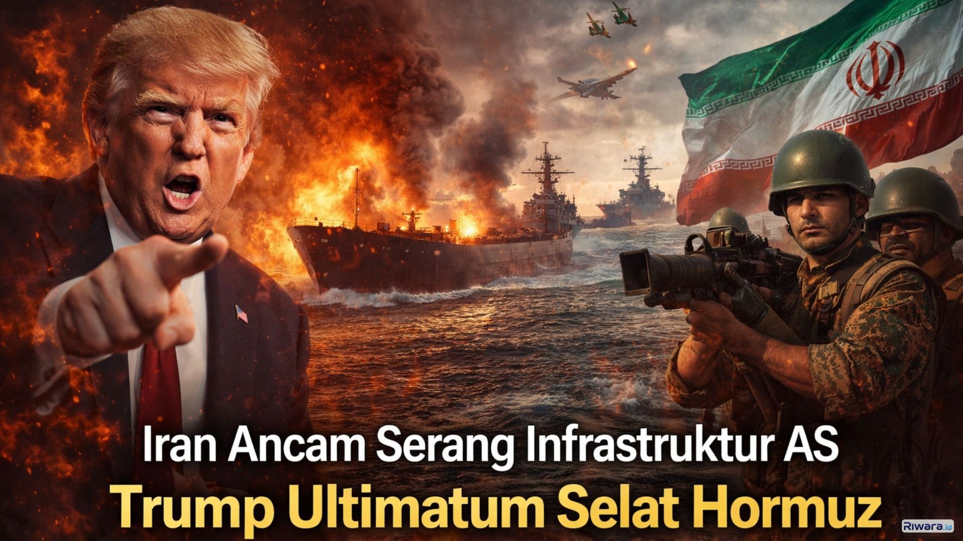 Ilustrasi Ketegangan Iran dan Donald Trump memanas, dengan Selat Hormuz jadi titik krusial konflik energi global.